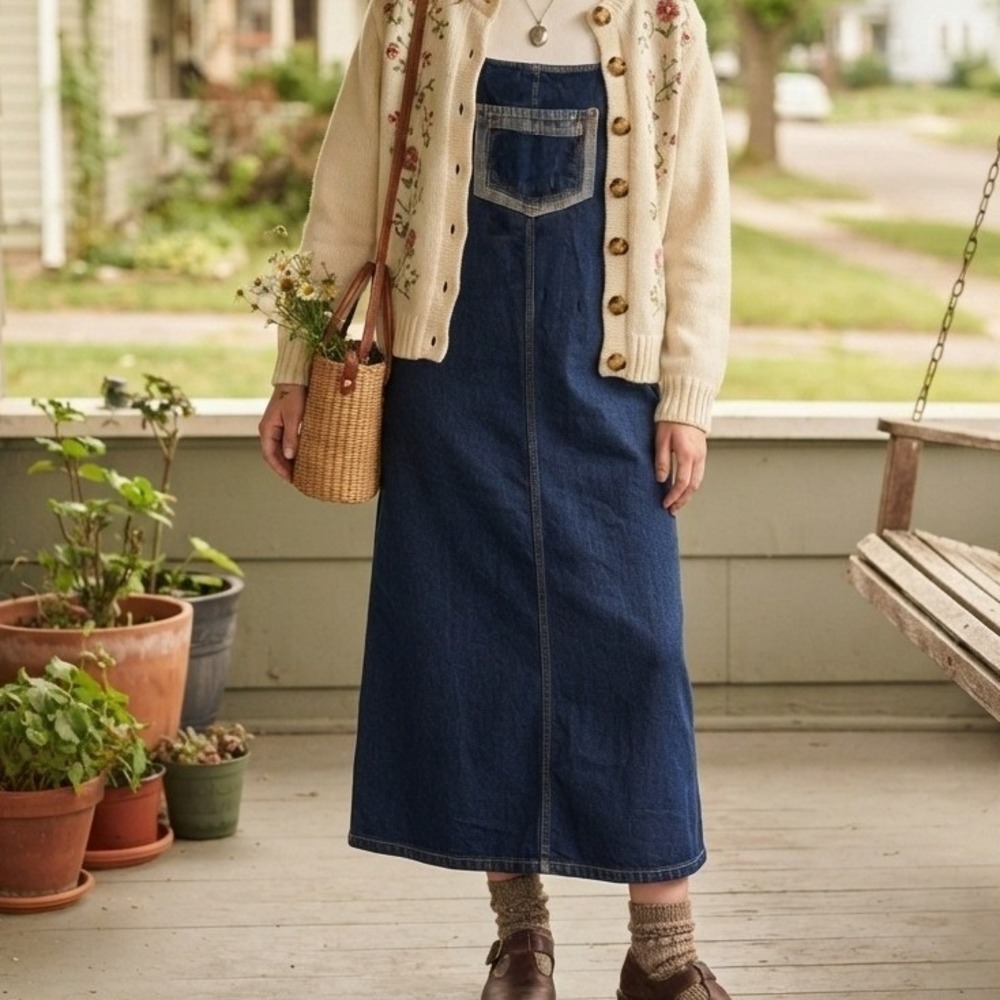 Vtg 90s Denim Jumper Dress L Midi Cotton Pinafore Overall Western cowgirl Pocket